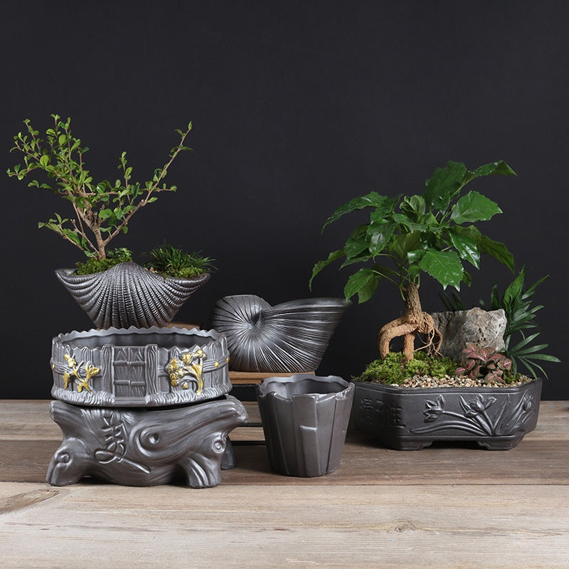 Indoor Black Purple Sand Orchid Pots High Leg Succulent Plant Ceramic